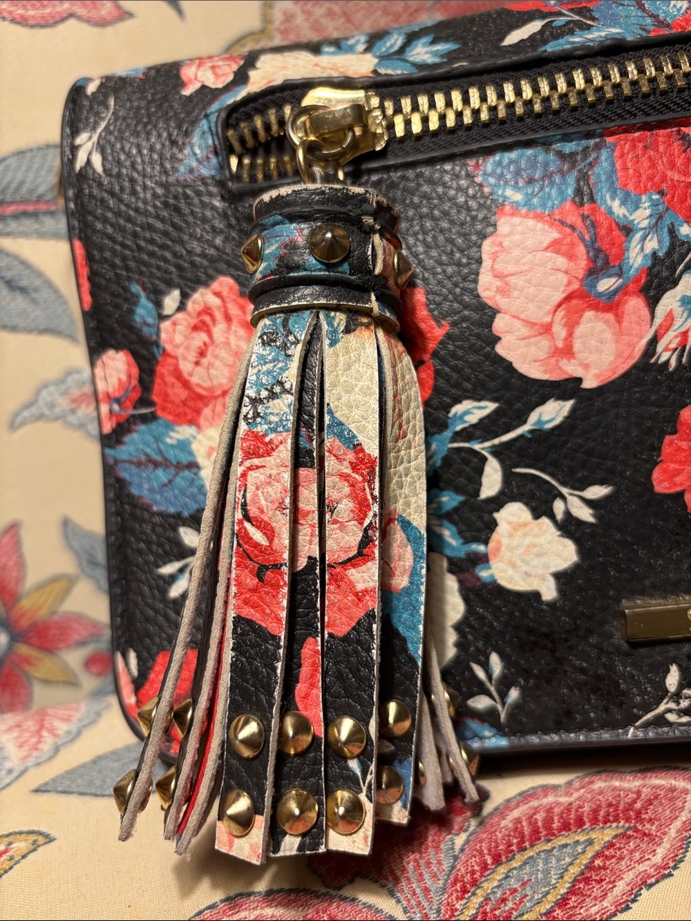 Steve Madden Black Floral Crossbody with Tassel GUC. Call-out- Rubbing - Picture 3 of 13